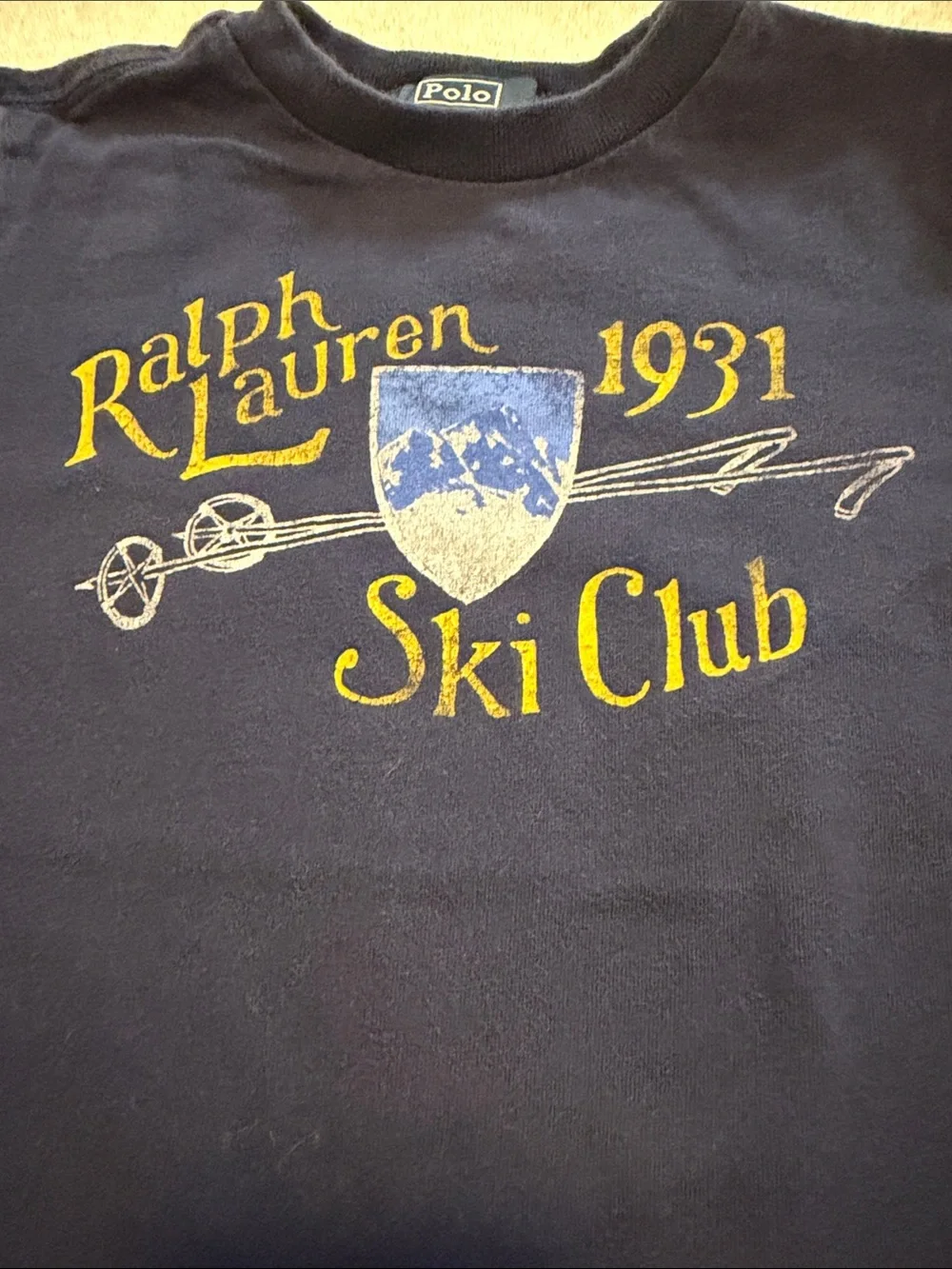 Ralph Lauren Navy Long Sleeve Ski Club Layered-Look Tee with Cream Sleeves